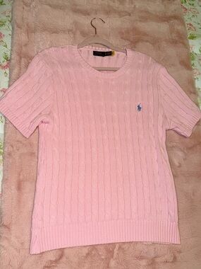 Ralph Lauren Light Pink Cable Knit Short Sleeve Top - Hemmed for fitted look